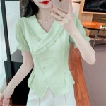 besteffie 여성 봄 여름 브이넥 레이스 플라워 자수 러플 반팔 블라우스 쉬폰 셔츠 K85 그린