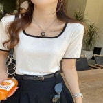 4컬러 스퀘어넥 반팔 배색 골지티 여자 티셔츠 링거