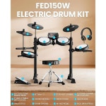 전기 드럼 세트 키트 200 사운드 듀얼 존 드럼 심벌즈 W 초크 2개 콰이어 메시 4개 초급 블루투스 미디 왕좌 헤드폰 스틱용 전자 세트 FED150W