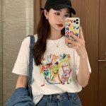 여성 여름 티셔츠 프린팅 라운드 반팔 흰 티