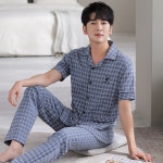 빛나는 판다남성 잠옷 봄여름 얇은 면 소재 가디건 반팔 긴바지 청소년 캐주얼 홈웨어 남성 L G8811