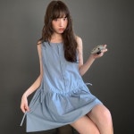 여성 민소매 미니 원피스 스트링 단추 스타일