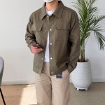 남자 면 트러커 자켓 캐주얼 가슴 포켓 코튼 스냅 버튼 카라 셔츠자켓 KM 트러커자켓 스냅 카키 M H1003