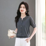 원픽 여성 티 롱루즈핏 여름 레이스 라운드 펀칭 니트 반팔 비즈 얇은 상의 다올2