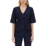 GANNI 스트레치 시어서커 브이넥 블라우스 F8596