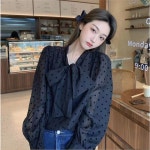 녕동 여성 땡땡이 리본 쉬폰 셔츠 루즈핏 긴팔 남방 블라우스 데일리룩 L