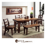 해찬솔원목이야기 해찬솔원목이야기 소나무 통원목 6인용식탁 등받이의자4개긴의자1개 엔틱브라운 참조