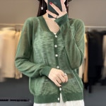 리치언니 여성용 심플한 패션코디 가벼운 통기성 고급스러운 여름 얇은 브이넥 긴팔 니트 가디건 포레스트그린