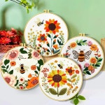 진칭 벌과 꽃 자수 키트 11 4x11 - 4피스 완전 크로스 스티치 세트 사전 인쇄 원단 실 후프 바늘 지침 DIY 공예 초보자 친화적 C0046