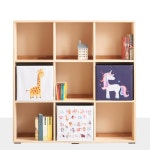 튼튼한 원목 3단 9칸 오픈선반 우드 어린이책장 높이낮은 수납장 고무나무 H6357
