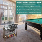 GACO 당구 풀 스틱 홀더 바닥 스탠드에는 9개의 큐 테이블 액세서리가 있습니다 볼 랙 행거 콘 초크 또는 음료 패드가 나무 2단 보관함