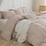 YHJWW 탄 깅엄 이불 커버 침구 세트 프리워싱 엑스트라 소프트 통기성 3피스 격자 체크무늬 빈티지 귀여운 에스테틱 King 104 x90