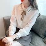 더블제이플러스 여성 긴팔 카라넥 리본 블라우스 셔츠 J0936
