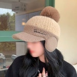 LND 겨울 퍼 니트 방한 귀달이 모자 볼캡 여성용 털모자 방울 울니트 이어웜
