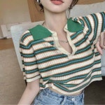 카라 크롭 스트라이프 여성반팔티 니트 캐주얼티