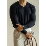 남성 긴팔 티 셔츠 브이넥 16게이지 울 실크 니트 가을 레이어드 MF3