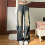 PETITBATH 여성 하이웨이스트 투톤 컷아웃 플랩 와이드 디스트로이드 데님팬츠 250826CKWZS4672