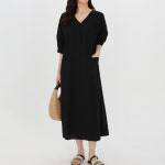 모이르벨라 제아 브이넥 퍼프 롱 원피스 여름 하객룩 휴양지 바캉스 쉬폰 인견 T24SS2-A0065