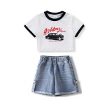 크리스탈하우스 아동 여름 여아 Car 크롭 반팔티 롤업 청반바지 상하세트 CE023 120