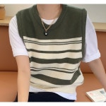 더블제이플러스 여성 라운드넥 스트라이프 니트 조끼 그린 J0947