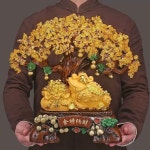 황금 돈 나무 금전수 대형 액자 돈나무 황금나무 세발 A 정교한 선물 상자 소형