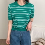 마미스헬퍼 라운드넥 단가라 면사 100 반팔 니트 티셔츠 21DSWKN4386