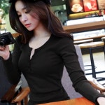 옷자락 여자 슬림핏 단추 골지 쫀쫀 라운드넥 긴팔 티셔츠