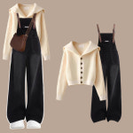 여성 니트 가디건 데님 멜빵 세트 봄가을 루즈핏 캐주얼 투피스 데일리 코디 S