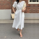 에이치플러스몰 퍼프소매 허리스트링 롱원피스 데일리 하객룩