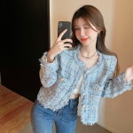 해피유통 여성 트위드 자켓 봄 가을 우아한 스타일 진주 버튼 LMY M 라이트블루