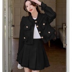 여성 트위드 세트 캐주얼 봄 가을 긴팔 숏 자켓 하이웨이스트 플리츠 스커트 상하의 투피스 기질 소향풍 투피스 세트 CY