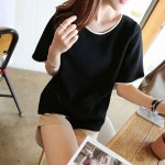 여성 기본 유티크 넥라인 소매 배색 기본 반팔 티셔츠