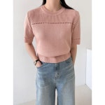 마미스헬퍼 라운드넥 부분펀칭 반팔 니트 티셔츠 21DSWKN4243