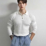 남성 신축성 머슬핏 스타일 단추 카라 긴팔티