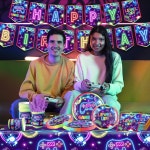 142pcs 비디오 게임 생일 장식 게이머 파티 식기 테마 접시 냅킨 컵 테이블보 배너 소년 소녀 네온 선호