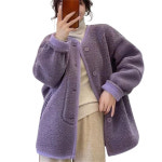 꽃소담 여성 루즈핏 인조밍크 퍼 일체 뽀글이 양털 겨울 자켓 hd퍼플 J1163