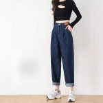 SAHINER 겨울 여성 하이웨스트 빈티지 와이드핏 기모 데님 팬츠 S 진한 파란색 플리스 J1465