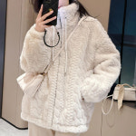 여성 캐주얼 하이넥 뽀글리 자켓 루즈핏 데일리룩 꽈배기 보들보들 따뜻한 점퍼 아우터 숏코트 재킷 살구색 L