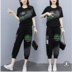 루루뷰티패션 트레이닝 데님 레이어드 티셔츠 밴딩반바지 투피스 세트룩 KJK-131