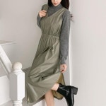 다잇템 여자 고무줄 레더 후레아 슬리브리스 브이 집업 롱원피스 23198532 588872