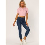 알레그라 K 캐주얼 여성 반팔 크롭 진 데님 재킷 Burgundy X-Small