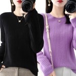 1 1 여성용 베이직 골지 라운드넥 니트 긴팔티 부드러운 간절기 데일리룩 티셔츠 L 생강색 연퍼플 H7655