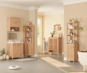 INOD 욕실 벽 보관 캐비닛 조절 가능한 목재 선반 문이 약장 세탁실 주방 거실용 변기 위 내추럴 오크 Natural Oak