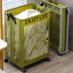 58L 대용량 접이식 빨래바구니 이동식 바퀴형 카키