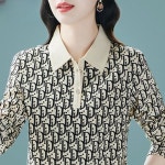 지고다그 여성 봄가을 프린트 칼라 긴팔 폴로셔츠 중년 통근 무드의 상의 그린 LXH026