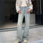 SAHINER 겨울 여성 데님 와이드 기모팬츠 하이웨이스트 루즈핏 빈티지 워싱 캐주얼 보온바지 플리스 J1475