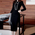 동대문 여성복 심플 7 부 소매 중 롱 칼라 지성 슬림 힙 원피스 검정색 M H6559