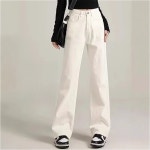 SAHINER 겨울 여성 기모 하이웨스트 와이드 일자핏 데님 팬츠 데일리룩 L 흰색 플리스 J1484