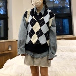 메이킹유 아가일 패턴 배색 브이넥 루즈핏 니트 조끼 H6131