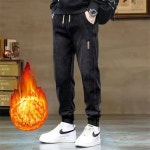 TKX 청바지 남성 가을겨울 보온 데님 팬츠 캐주얼 기모 안감 고무줄 스판 기모-블랙